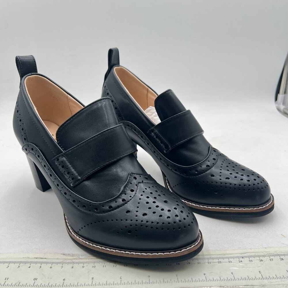 YDN Black Chunky High Heels Round Toe Oxford Loafer - Picture 4 of 8